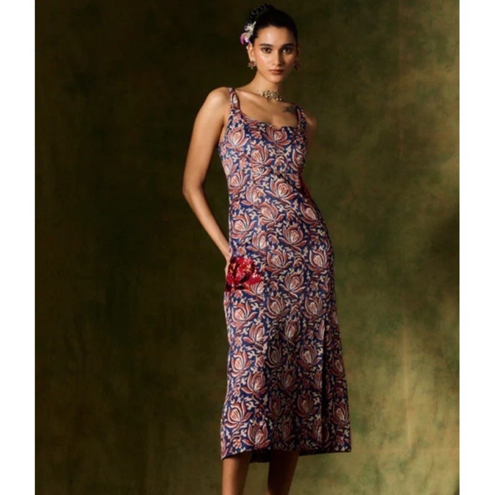 JODI Inaaya Silk Dress Sz M Midi Floral Hand Embroidery Hand Printed Lined Boho - Picture 2 of 15